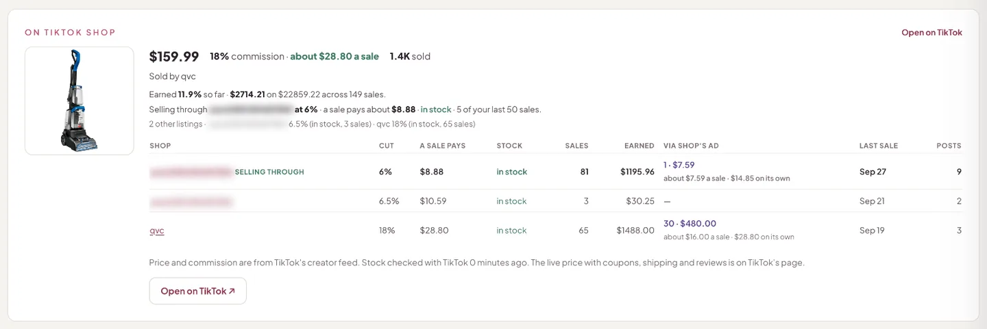 Product page table comparing three shops: cut, what a sale pays, stock, sales, earned and orders via the shop's ad