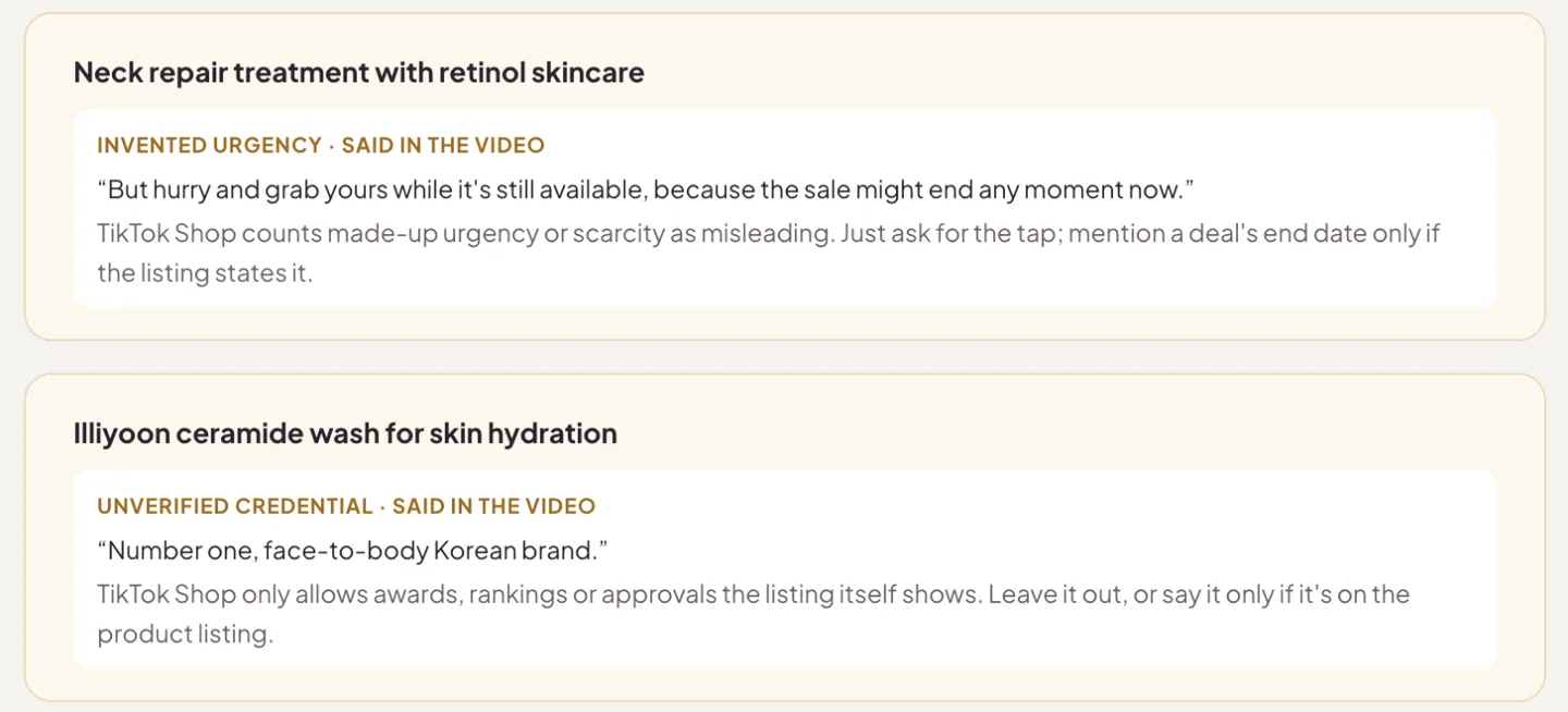 Two flagged lines: invented urgency and an unverified credential, each with a suggestion