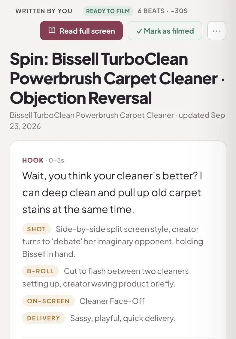 A Viral Spin script with its hook, shot, B-roll, on-screen text and delivery notes