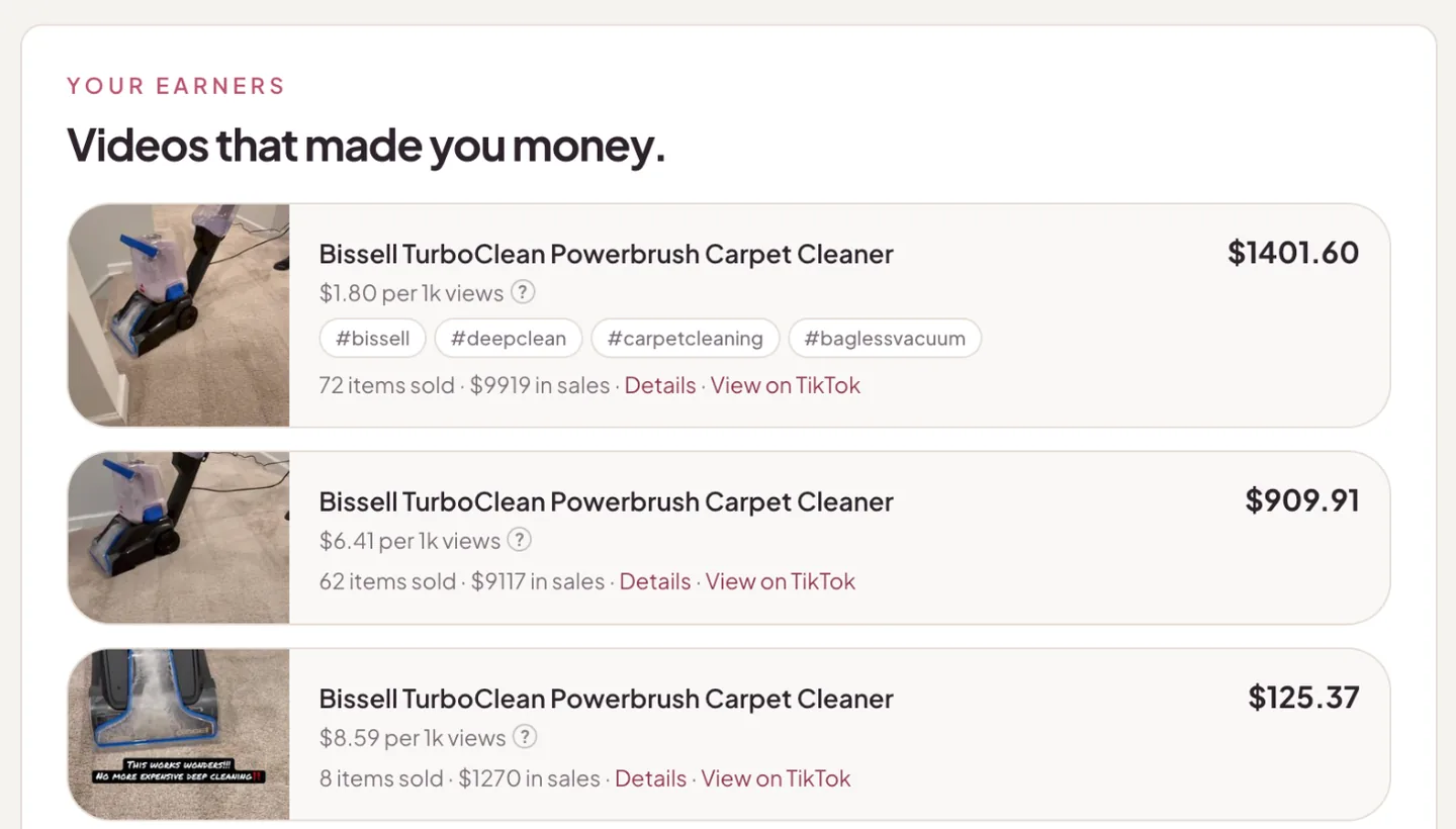 Your earners: three videos with the commission each made, items sold and sales value